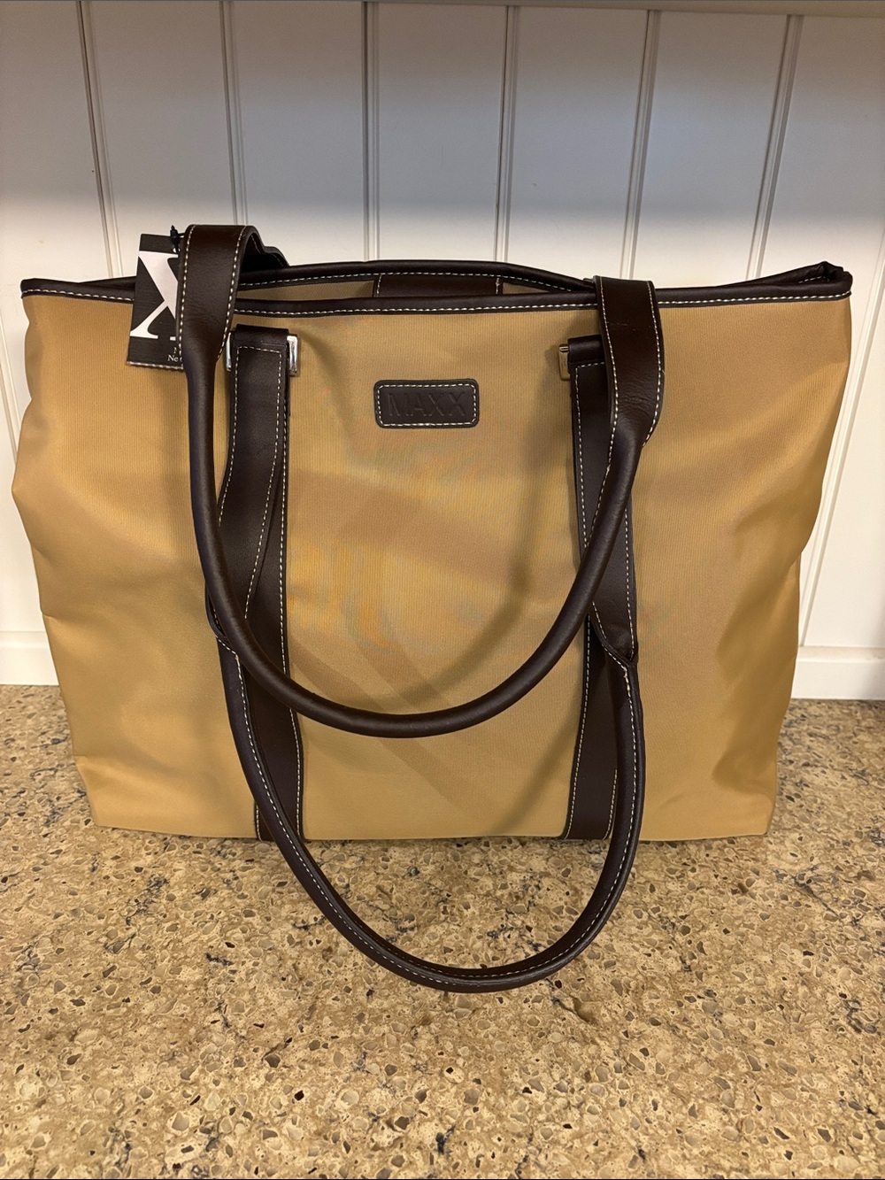 NWT Maxx New York Classic Nylon Khaki Tote with Dark Brown Trim. Footed Base